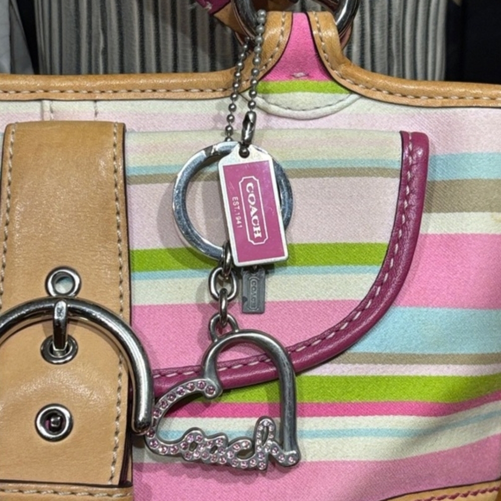 Coach Striped Signature Small Tote in Pink and Tan - Picture 2 of 12
